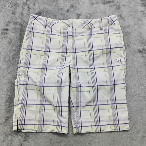 Puma Shorts Womens S White Purple Yellow Green Plaid Golf Tech Athletic Bermuda - Picture 1 of 16